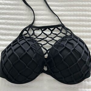 Black Fishnet Halter Bathing Suit Top 36DD